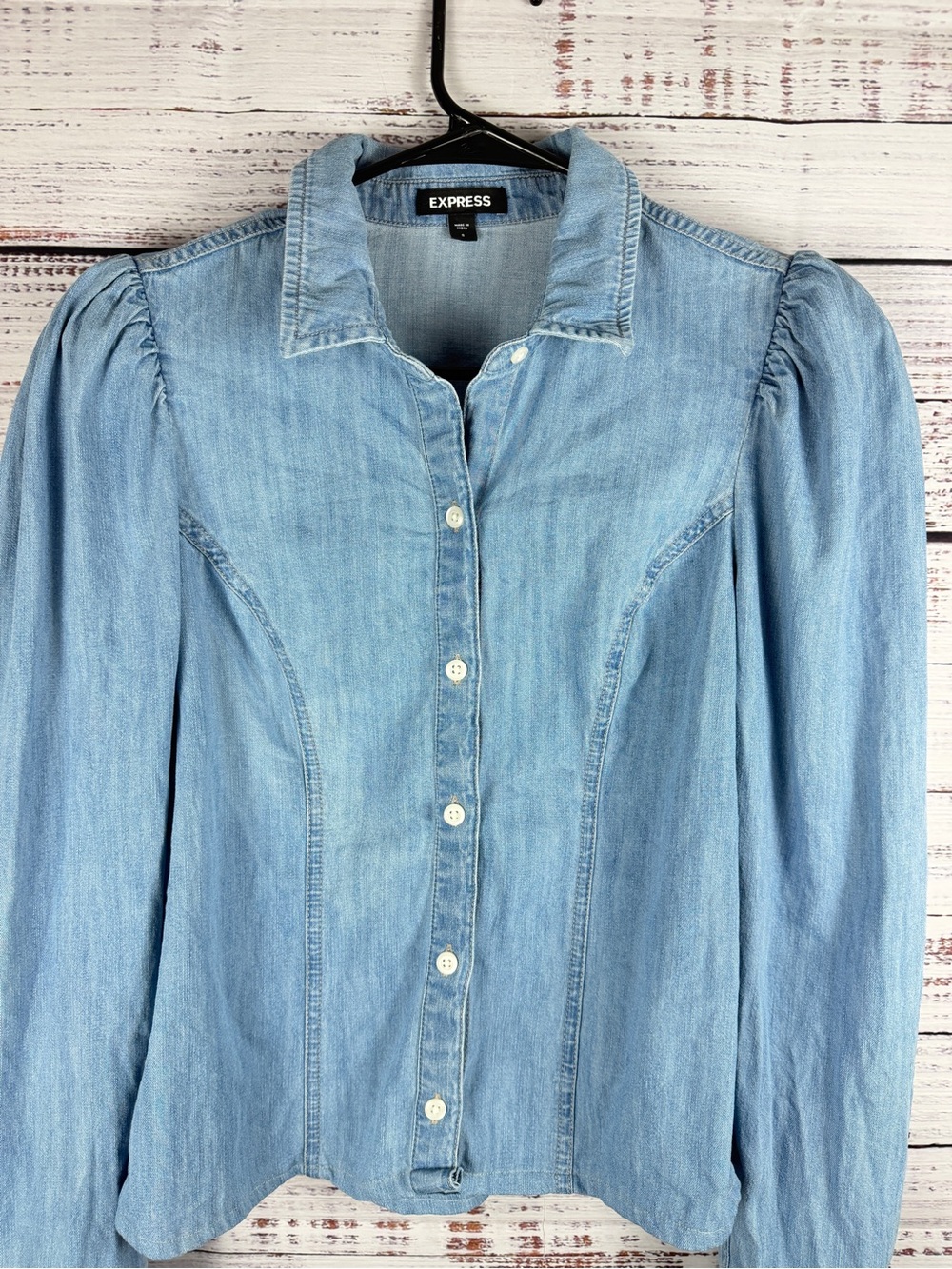 Express Denim Puff Sleeve Button Front Blouse Blue Size S - Picture 2 of 7